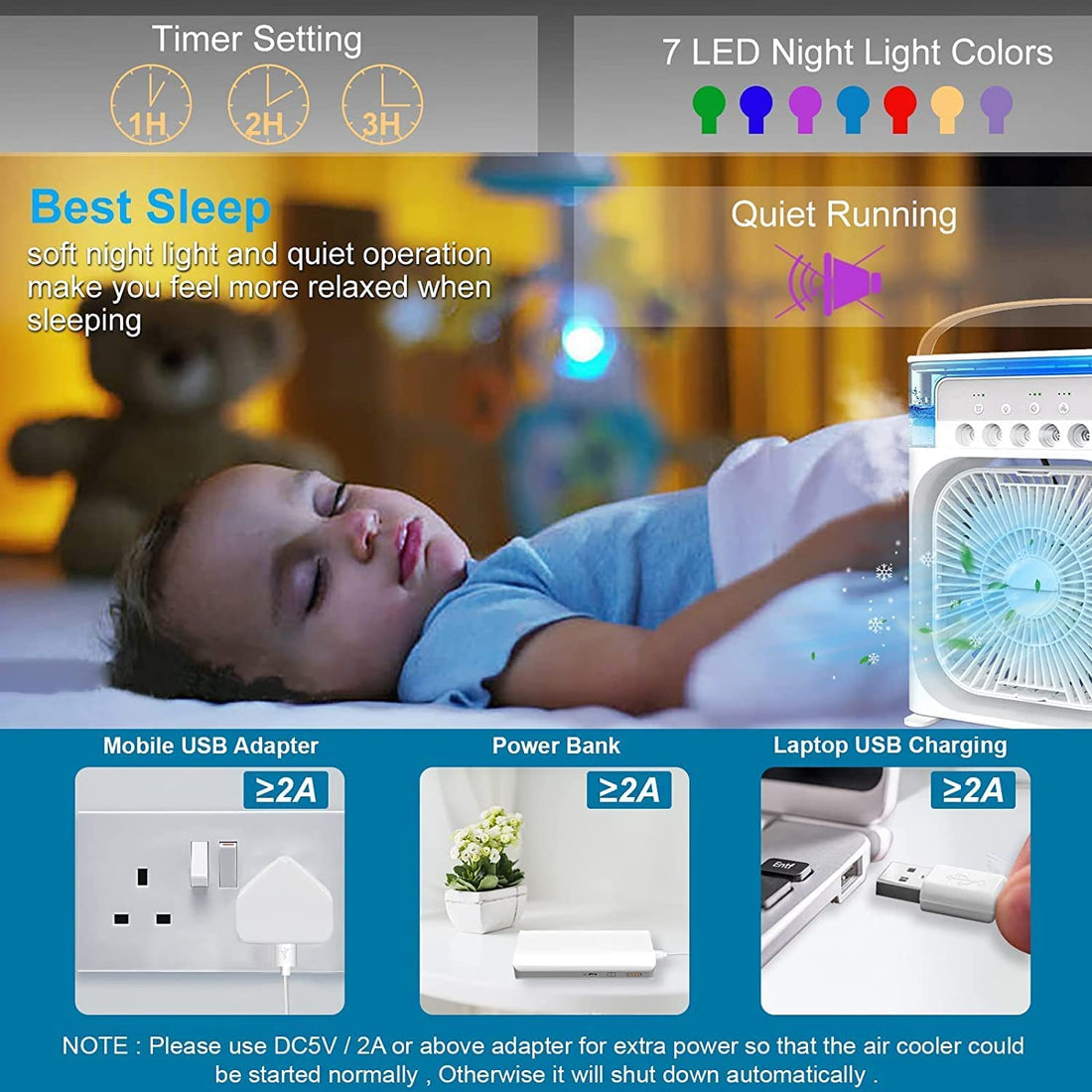 Mini Air Cooler – Portable USB Personal Air Cooler with Mist Spray, Humidifier & LED Night Light